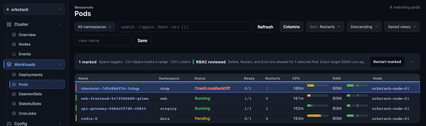 conndeck pod list with search and sort, a pod marked for restart, and an access-review banner listing the actions the current user is allowed to take.
