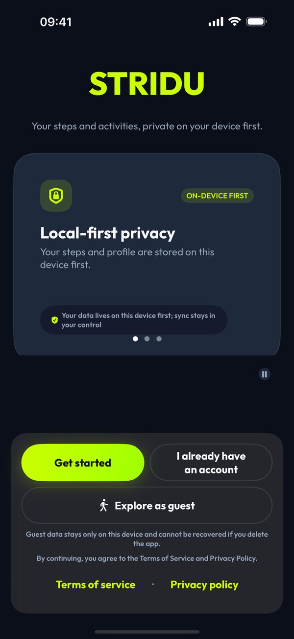Stridu welcome screen on iPhone.